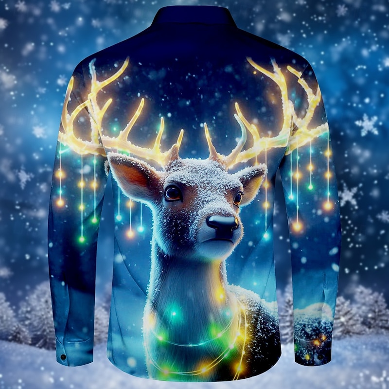 Christmas Men's Christmas animal Printed Shirts Deer Fashion Casual Button Up Long Sleeve Party Evening Daily Fall Winter Spring & Summer Collar Button Up 3D Print Thin Blue Polyester2