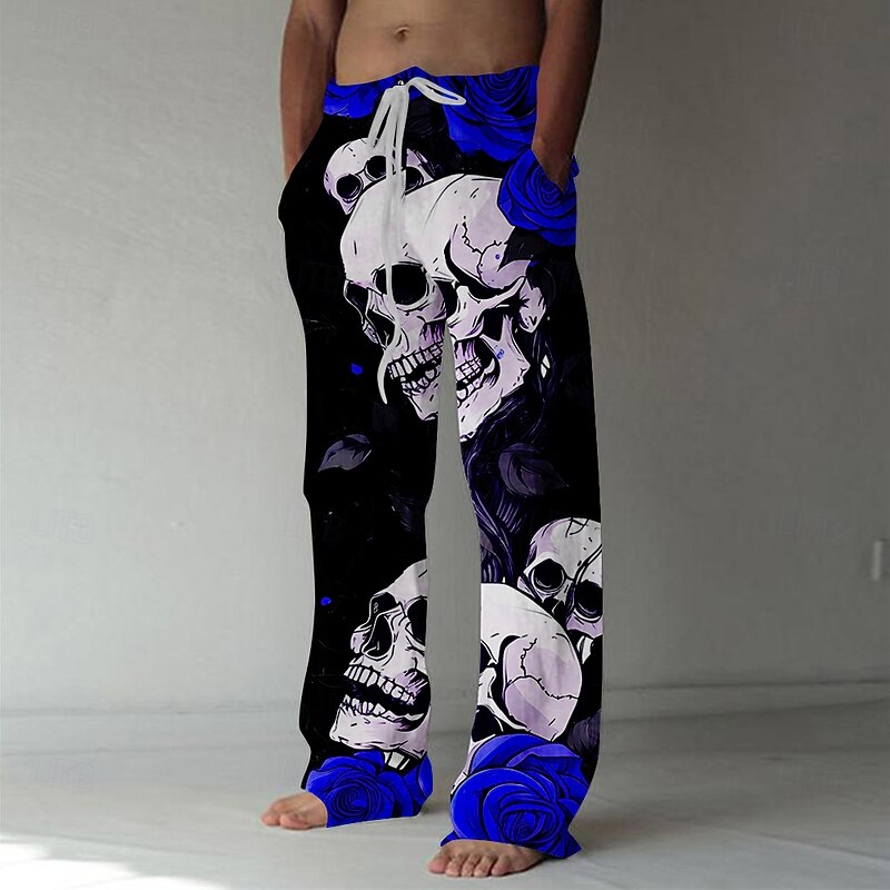 Halloween Men's Cool Skulls Rose Pants Trousers Mid Waist Drawstring Elastic Waist Hawaiian Horror Party Evening Wear Holiday Straight Leg Trousers Summer Spring Fall 3D Print Red Blue Purple4