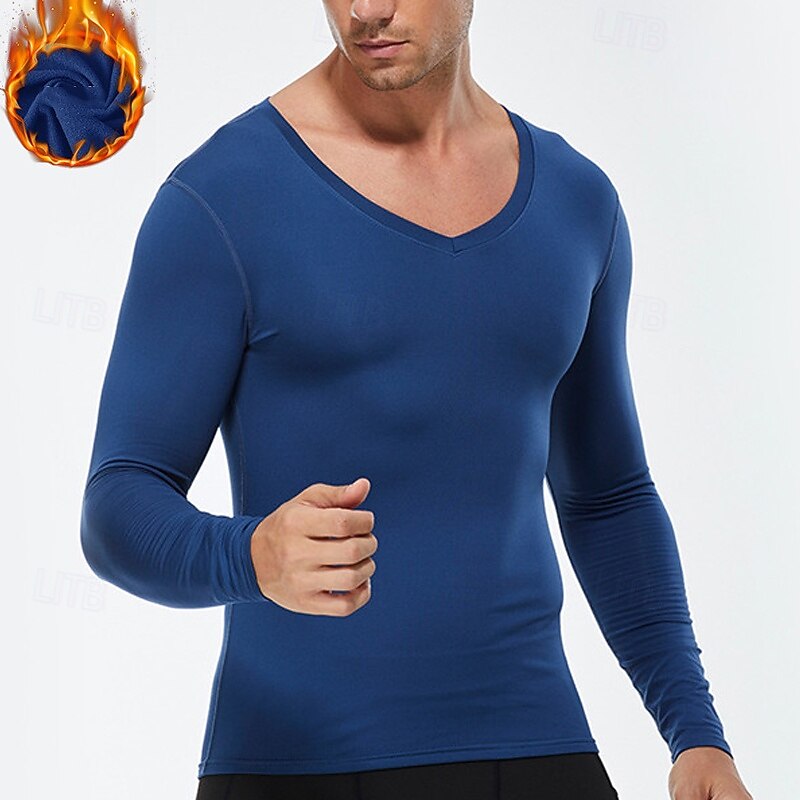 Men's Running T-Shirt Long Sleeve Tee Tshirt Casual Athleisure Fall V Neck Solid Colored Fleece Thermal Warm Soft Breathable Gym Workout Walking Jogging Sportswear Activewear Black White Dark Navy3