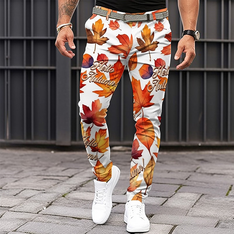 Men's Trees / Leaves Dress Pants Mid Waist Vintage Casual Formal Dailywear Pocket Summer Spring Fall 3D Print Orange
