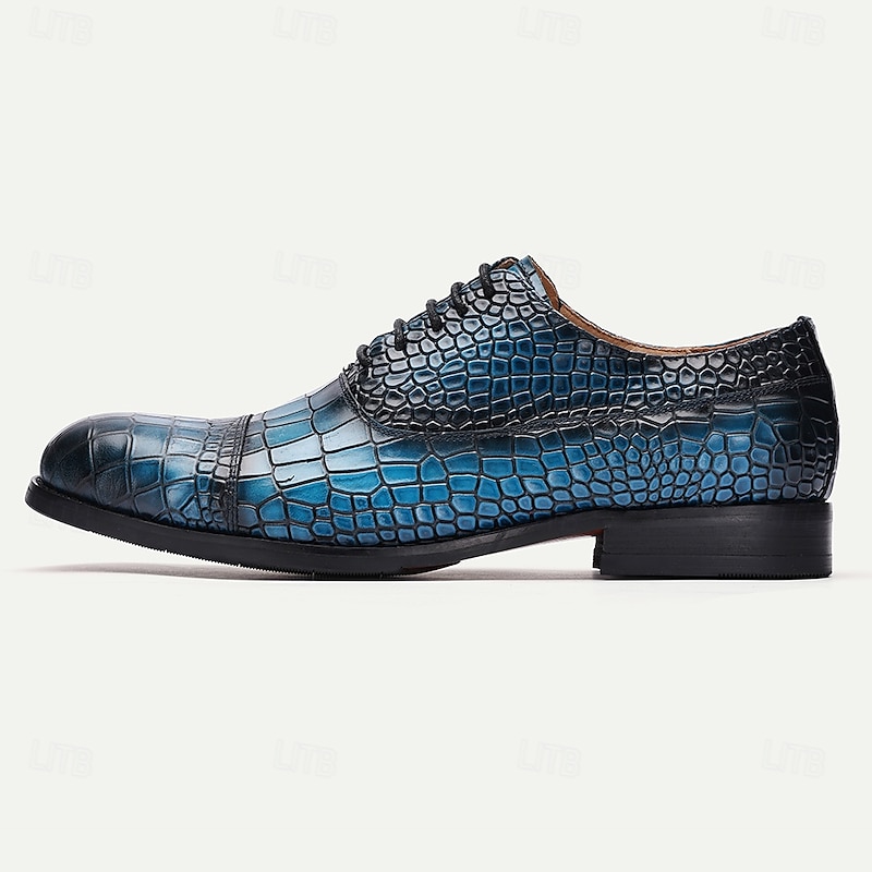 Men's Blue Crocodile Embossed Cowhide Leather Oxford Shoes – Elegant Lace-Up Dress Shoes for Formal Events and Business Wear3