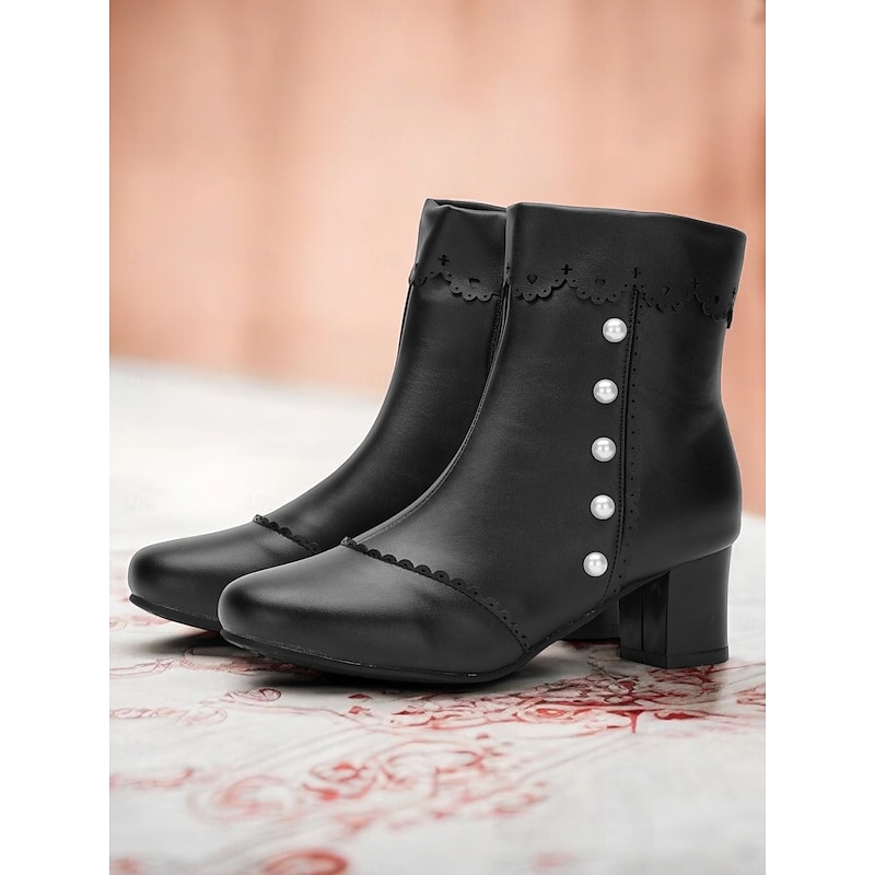 Women's Vintage Black Ankle Boots with Pearl Button Details – Retro Gothic Style for Cosplay and Special Occasions