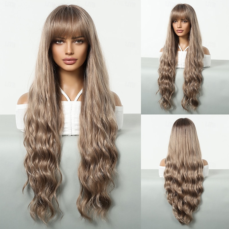 Synthetic Wig Uniforms Career Costumes Princess Curly Wavy Middle Part Layered Haircut With Bangs Machine Made Wig 30 inch Dark Brown Synthetic Hair Women's Cosplay Party Fashion Dark Brown