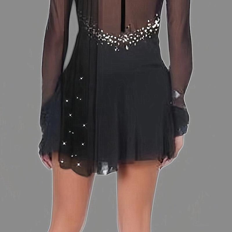 Figure Skating Dress Women's Girls' Ice Skating Dress Black Patchwork Thumbhole Mesh Spandex Stretchy Training Practice Professional Skating Wear Thermal Warm Classic Crystal / Rhinestone Long Sleeve3