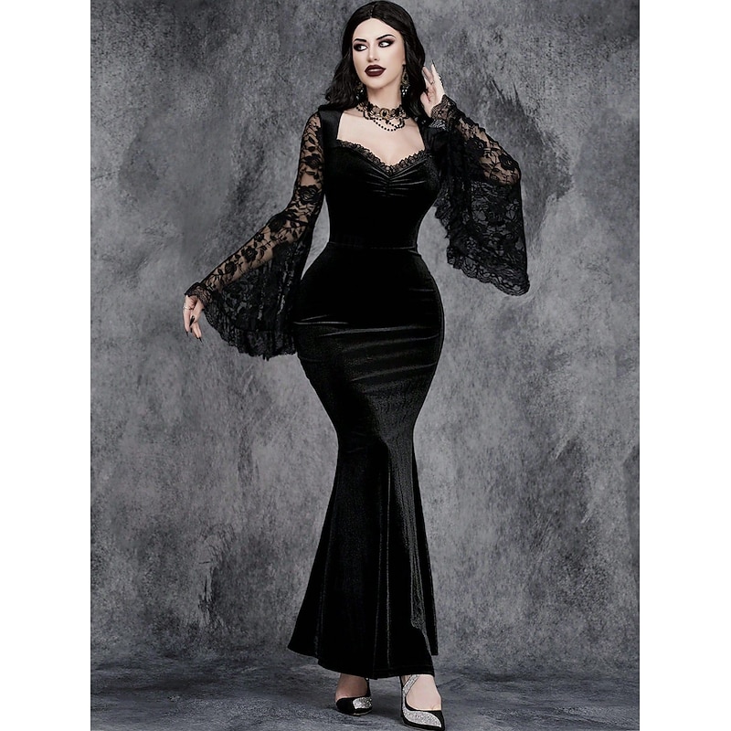 Gothic Maxi Dress Mermaid Tail Bell Sleeve Morticia Addams Lace Velvet Fancy Dress Women's Fantasy Halloween Carnival Masquerade Performance Party Adults' Dress Fall & Winter3