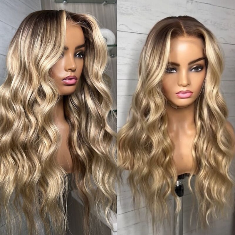 Remy Human Hair 13x4 Lace Front Wig Layered Haircut Brazilian Hair Wavy Blonde Wig 130% 150% Density Ombre Hair Highlighted / Balayage Hair Natural Hairline Glueless Pre-Plucked For Women Long Human4