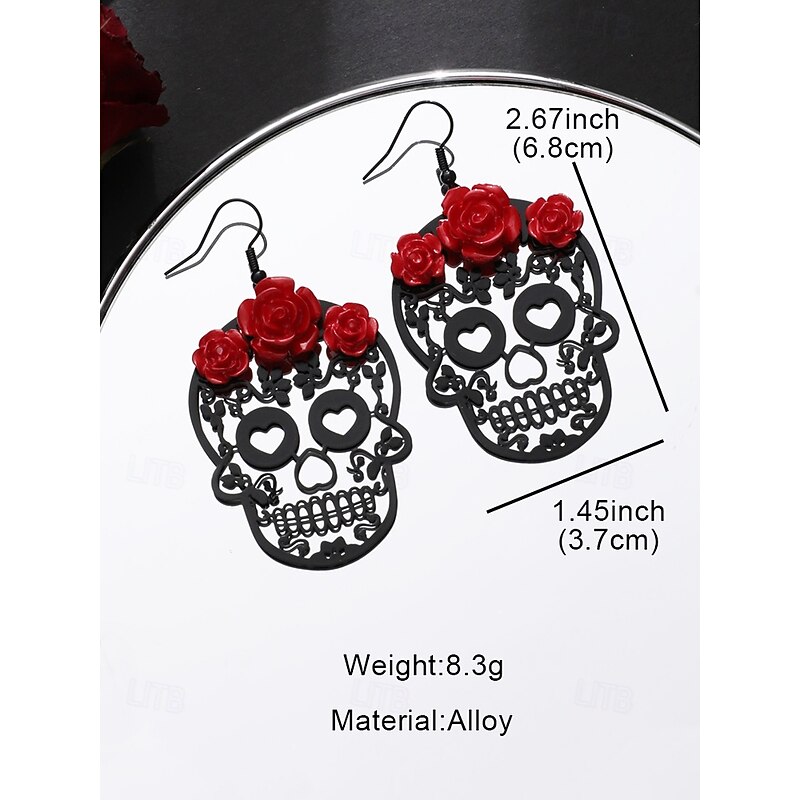 Day of the Dead Skull Earrings with Red Rose Detail – Gothic Halloween Jewelry for Women, Cosplay, and Festivals3