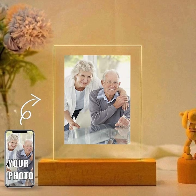 Personalized Light Up Photo Frame Custom Valentines Acrylic Night Light USB Powered Perfect for Valentin's Day Parents Memorial Gifts for Family Father Mother