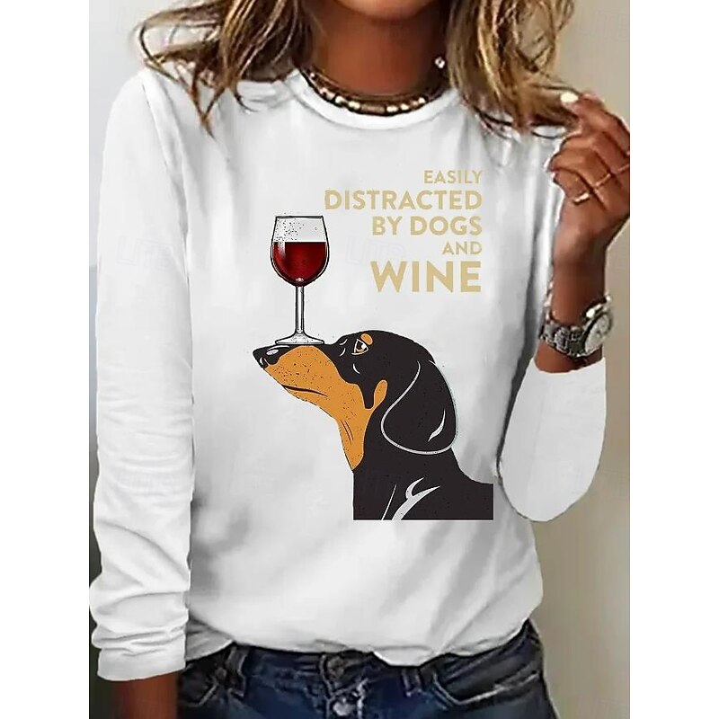 Women's 100% Cotton Tunic T Shirt Fashion Casual Print Long Sleeve Regular Tops Crew Neck Daily Black White Wine Gray Spring Fall - Main Image