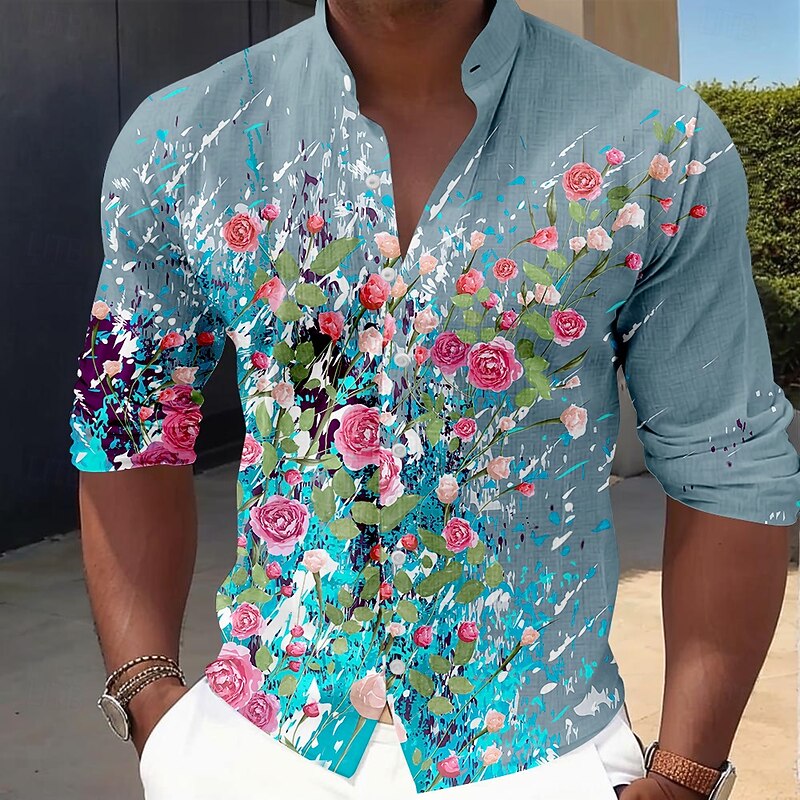 Men's Floral Button Up Shirt Long Sleeve Casual Vacation Daily Summer Spring &  Fall Grandad Collar Band Collar 3D Print White Pink Blue Sage