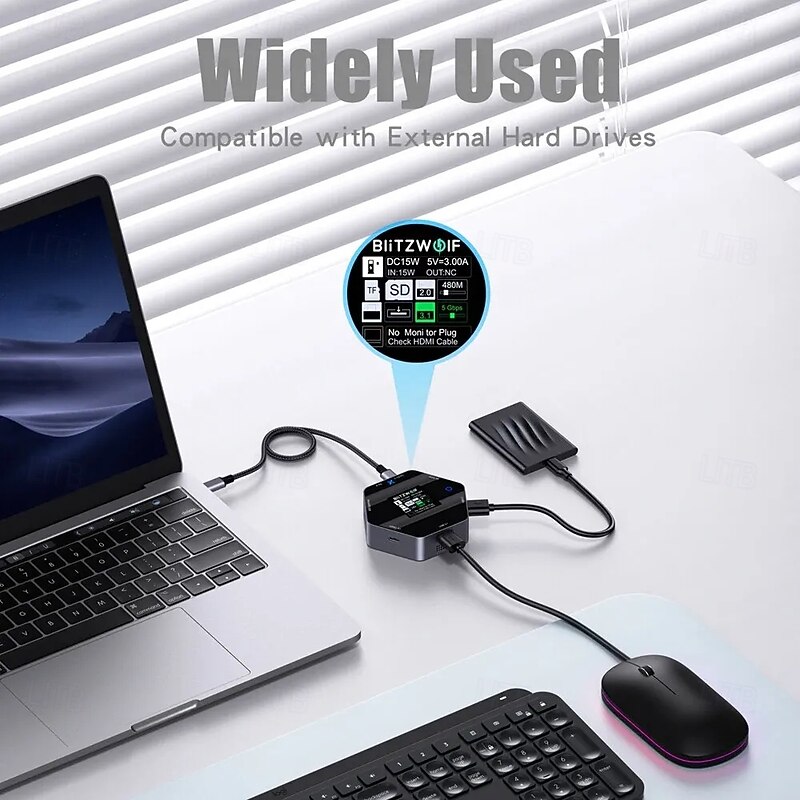 8 in 1 USB Hub LCD Smart Display Type-c Docking Station with USB3.1 Type-C 3.1 HD 4K@60Hz SD/TF Card Slots 100W PD Power Delivery2