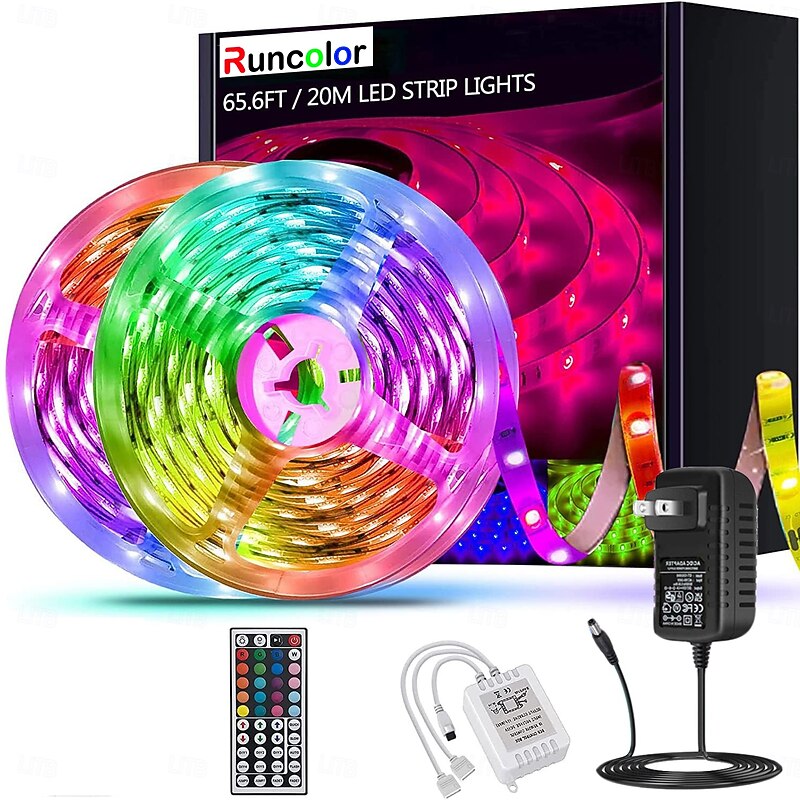 20m 65FT LED RGB Light Strip SMD 5050 Waterproof IP65 Flexible with IR 44 Key Controller for TV Bedroom Party Home Decration 360LEDs 10mm 2x32.8FT