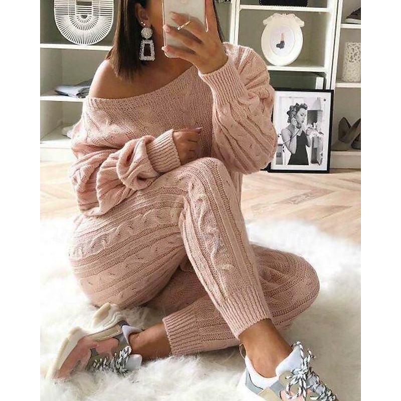 Women's Sweater Casual Solid Color Cable Crew Neck Knitted Long Sleeve Long Tops Knit Weekend Pink Fall Winter2