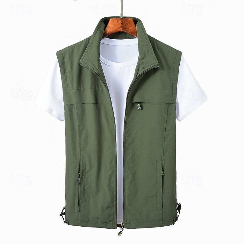 Men's Vest Gilet Fishing Vest Hiking Vest Daily Date Vacation Fashion Casual Spring &  Fall Pocket Nylon Comfortable Plain Zipper Stand Collar Regular Fit Black Red Khaki Army Green Vest2