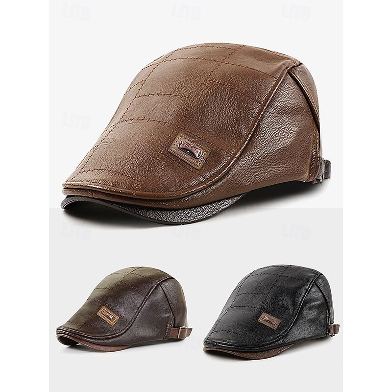 Men's Brown Faux Leather Flat Cap with Quilted Design – Classic Vintage Newsboy Hat for Casual and Outdoor Wear