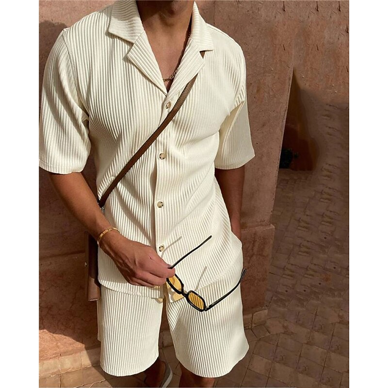 Men's Corduroy Shirt T-shirt Suits 2 Pieces Outfits Tee & Shorts Short Sleeve Lapel Summer Plain Fashion Casual 2 Piece Vacation Daily Wear Going out Black Pink Blue Top Tee for Men2