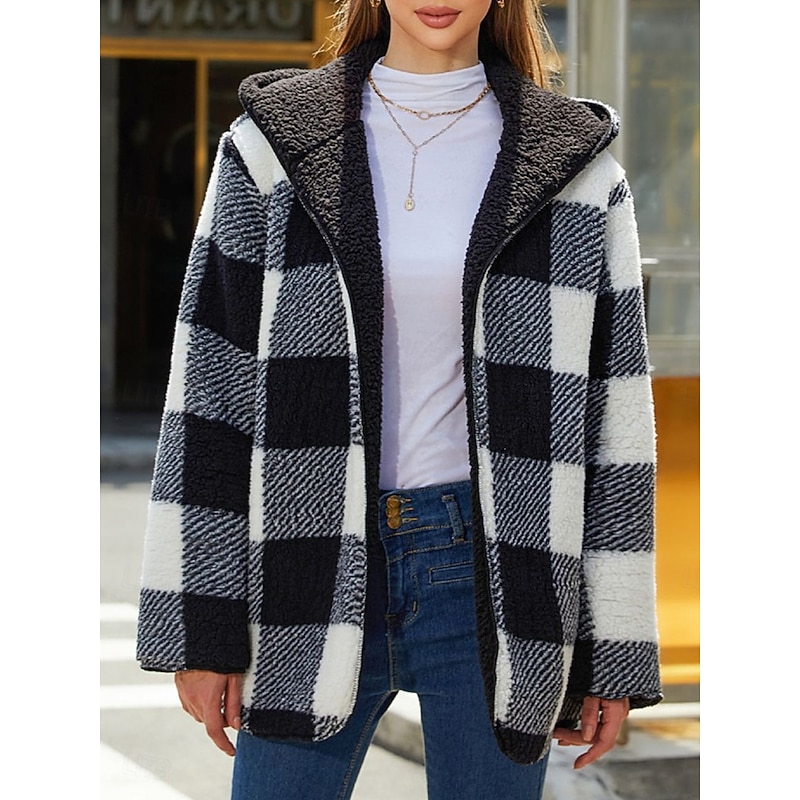 Women's Fleece Jacket Teddy Coat Hoodie Jacket Warm Breathable Pocket Fleece Lined Casual Plaid Vacation Street Daily Wear Going out Open Front Regular Hoodie Regular Fit Long Sleeve Outerwear Black