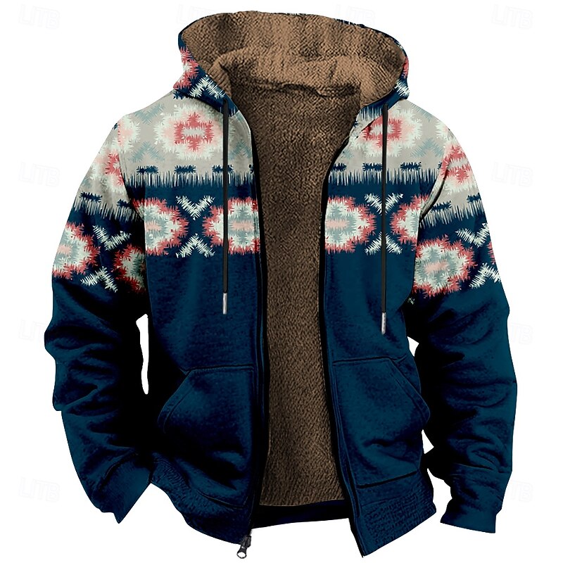Men's Plaid Fleece Hoodie Hoodies Fashion Ethnic Long Sleeve Hooded Party Streetwear Blue Drawstring Fall Winter Designer