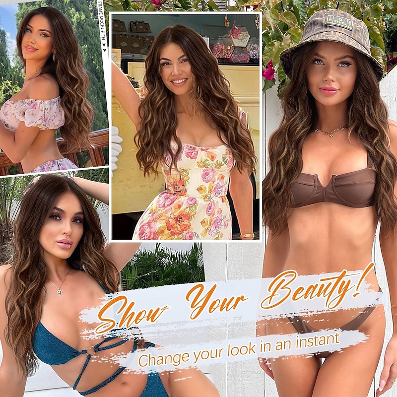 Long Brown Wavy Wig with Highlights Middle Part Curly Wigs Lace Hairline Wigs for Women Ombre Brown Synthetic Heat Resistant Wigs for Daily Part Use3