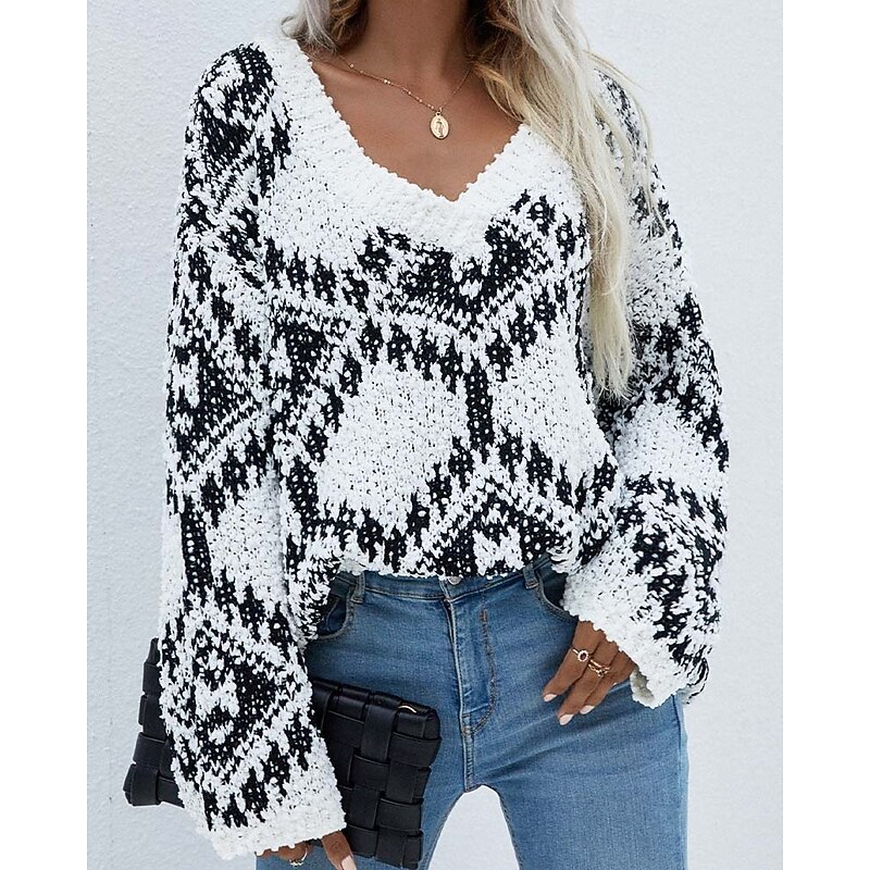 Women's Sweater Daily Casual Geometric Print Crew Neck Knitted Textured Long Sleeve Long Tops Knit Outdoor Work White Purple Fall Winter2