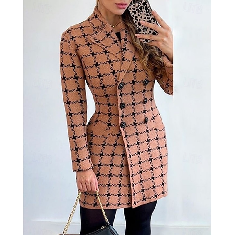 Women's Overcoat Thickened Button Down Winter Lattice Print  Lapel Coat for women4