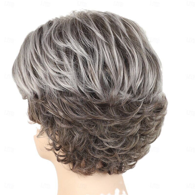 Grey Curly Pixie Wigs for White Women Short Fluffy White Hair with Bangs Natural Synthetic Heat Resistant Wig4
