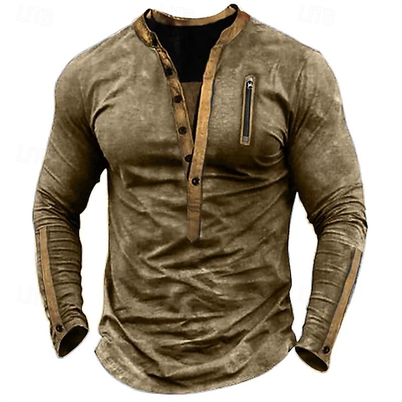 Men's T shirt Tee Solid Color Henley Normal Outdoor Home Long Sleeve Vintage Style Clothing Apparel Traditional / Vintage3