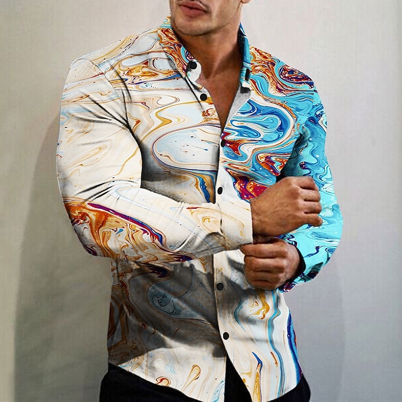 Men's Geometric Pattern Marble Shirt Button Up Shirt Long Sleeve Fashion Designer Casual Outdoor Casual Holiday Summer Spring Turndown Print Button-Down Black White Navy Blue Blue3