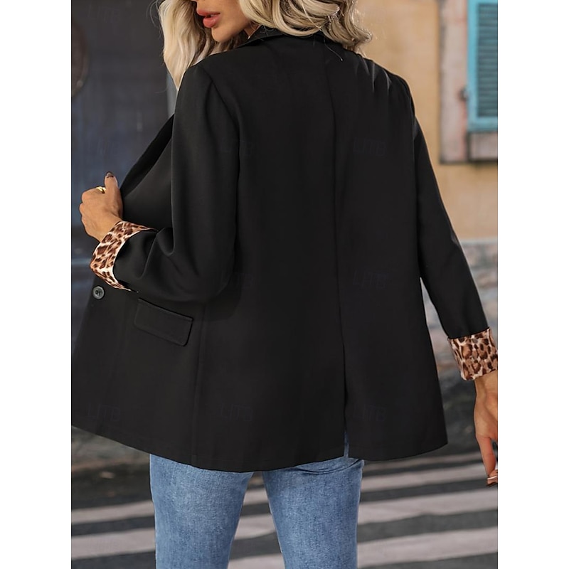 Women's Blazer Dailywear Button Leopard Comfortable Stylish Regular Fit Outerwear Long Sleeve Fall Black S4