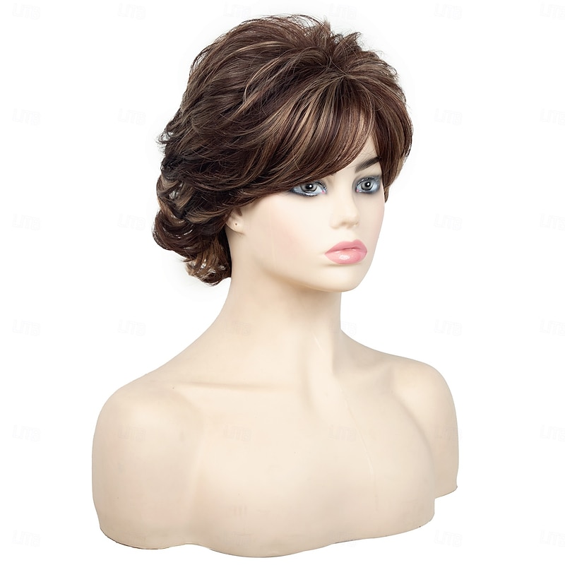 Brown Short Wigs for White Women, Brown Wig with Bangs Short Curly Pixie Cut Wigs Charming Synthetic Layered Wavy Wigs For Old Lady4