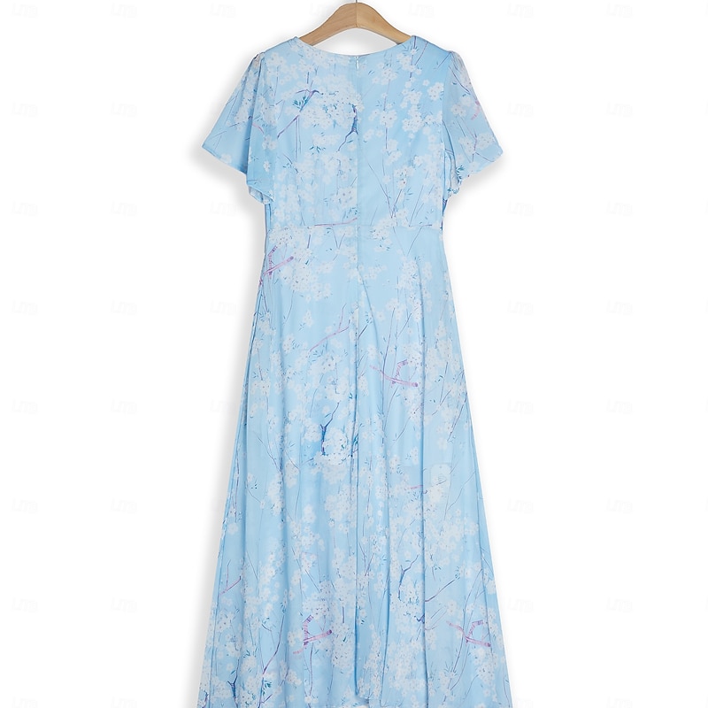 Women's Maxi Dress A Line Dress Elegant Daily Date Regular Fit Floral V Neck Blue Summer3