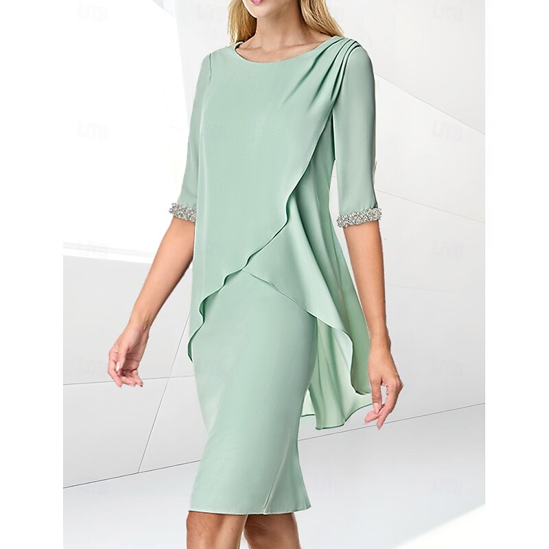 Beach Wedding Sheath Mother of the Bride Dress Wedding Guest Elegant Jewel Neck Tea Length Chiffon Half Sleeve with Beading Ruching2
