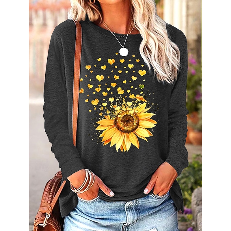 Women's T Shirt Sunflower Casual Long Sleeve Crew Neck Regular Tops Daily Print Black Spring Fall