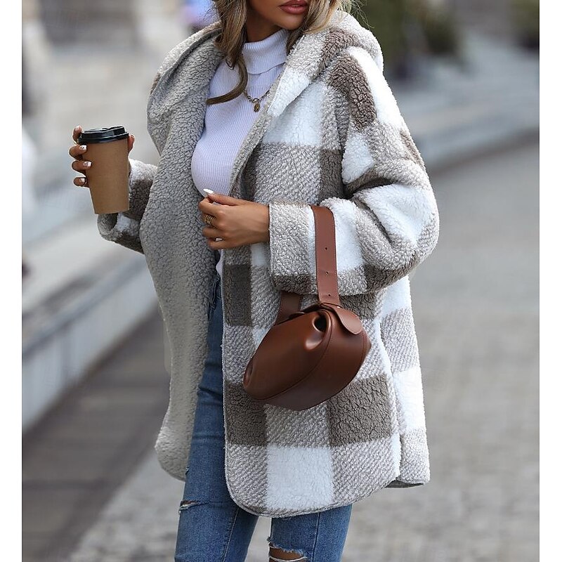 Women's Coat Trench Coat Daily Wear Vacation Fall Winter Regular Coat Regular Fit Warm Breathable Casual Street Style Jacket Long Sleeve Color Block Fur Collar Grey3