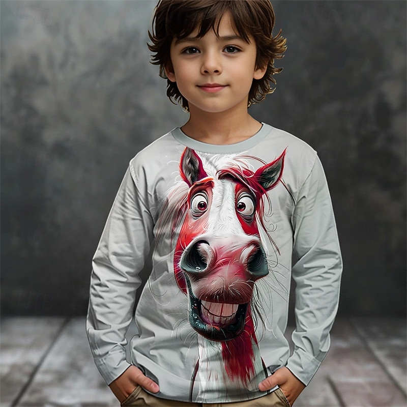 Boys' 3D Graphic Animal Horse T shirt Tee Long Sleeve Spring Fall Fashion Basic Kids 4-12 Years Crew Neck Outdoor Casual Daily Regular Fit3