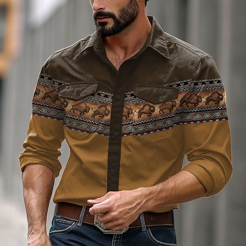 Men's Cow Western Shirt Button Up Shirt Cowboy Shirt Long Sleeve Vintage Western Dailywear Spring Fall Winter Turndown Collared Shirts 3D Print Brown