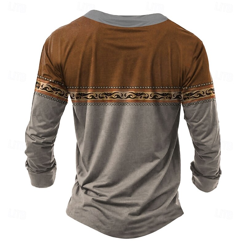 Men's New Year Solid Color Henley Shirt Long Sleeve 3D Printing Ethnic Party Street Casual Winter Spring &  Fall Brown Henley Henley T-Shirt2