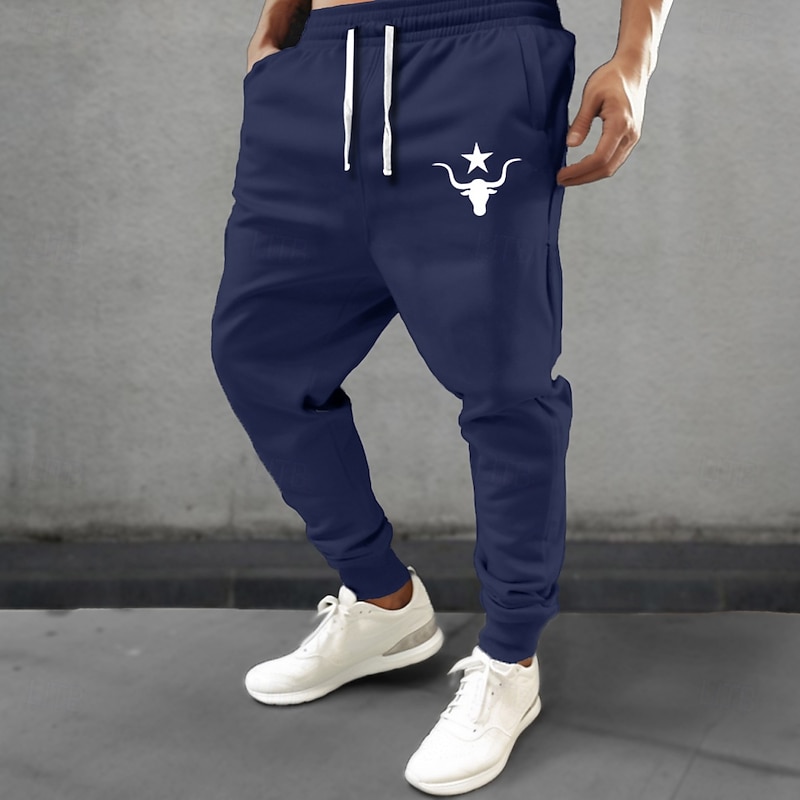 Men's Cow Cowboy Sweatpants Joggers Pants Trousers Mid Waist Drawstring Elastic Waist Vintage Casual Outdoor Street Dailywear Pocket Spring Fall Winter 3D Print White Blue Beige3