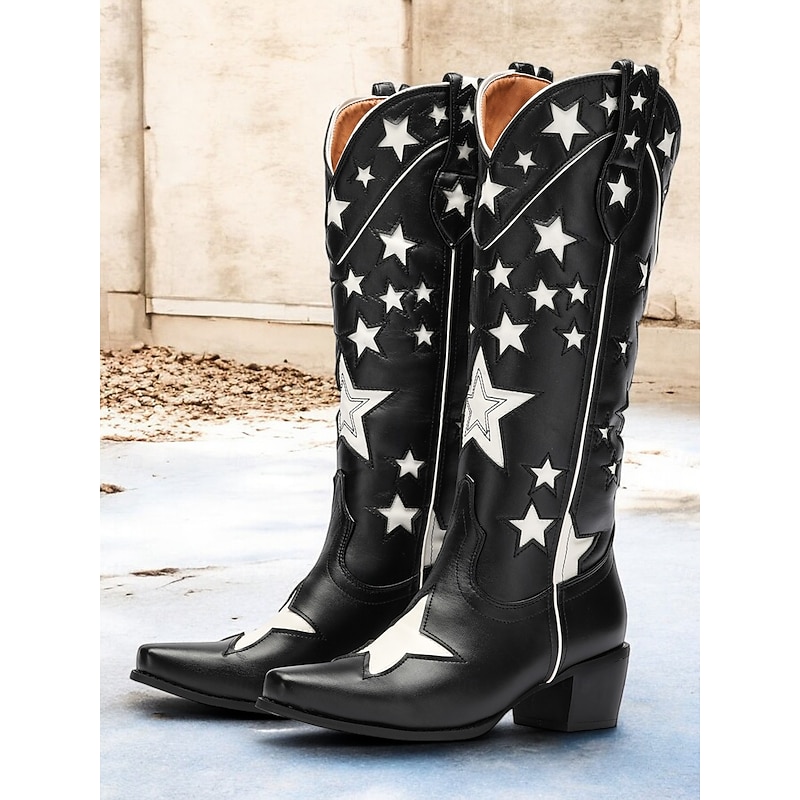 Women's Black Star-Patterned Western Cowboy Boots with White Contrast Embellishments – Stylish Faux Leather Boots for Rodeo, Country, and Casual Wear2