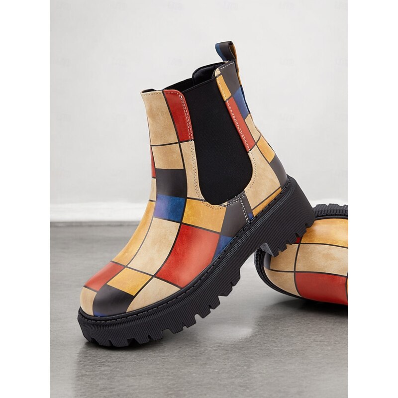 Women's Multicolor Patchwork Chelsea Boots – Modern Chunky Sole with Elastic Side Panels for Retro and Casual Styling3