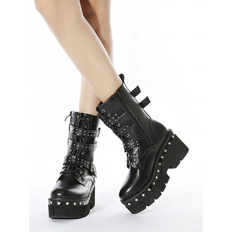 Women's Black Platform Combat Boots with Studded Buckle Straps, Punk Gothic Motorcycle Boots for Cosplay and Streetwear 13