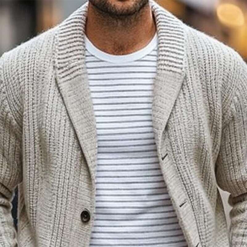 Men's Cardigan Ribbed Chunky Knit Regular Pocket Solid Color Shawl Lapel Knitwear Elegant Home Work Clothing Apparel Bishop Sleeve Spring Fall khaki M L XL2