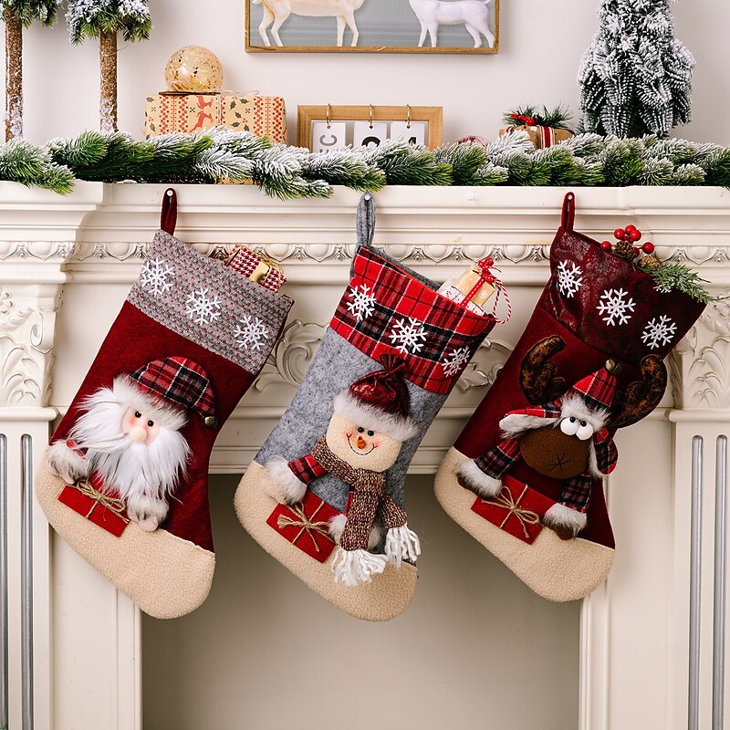 Christmas Gift Stockings Bags Large, Christmas Decoration Xmas Party Snowflake Plaid Reindeer Stockings, Candy Gift Socks for Holiday Presents