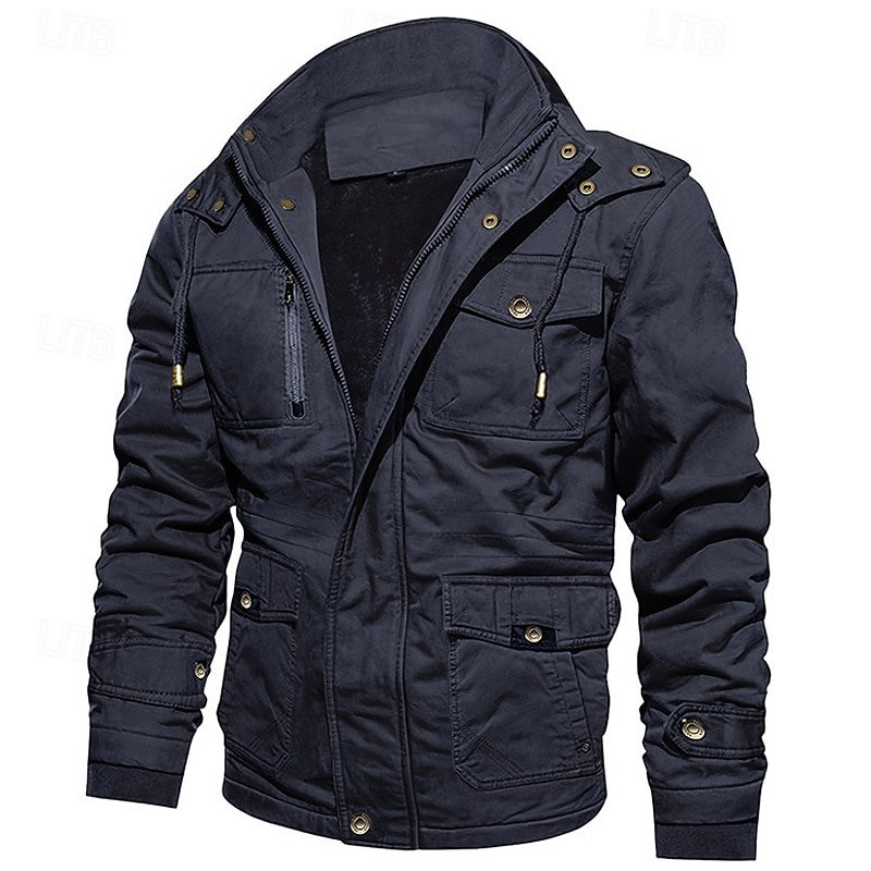 Men's Winter Jacket Fleece Jacket Casual Jacket Daily Vacation Thermal Warm Pocket Fleece Fall & Winter Plain Fashion Streetwear Hooded Regular Black Navy Blue Khaki Army Green Dark Gray Jacket3
