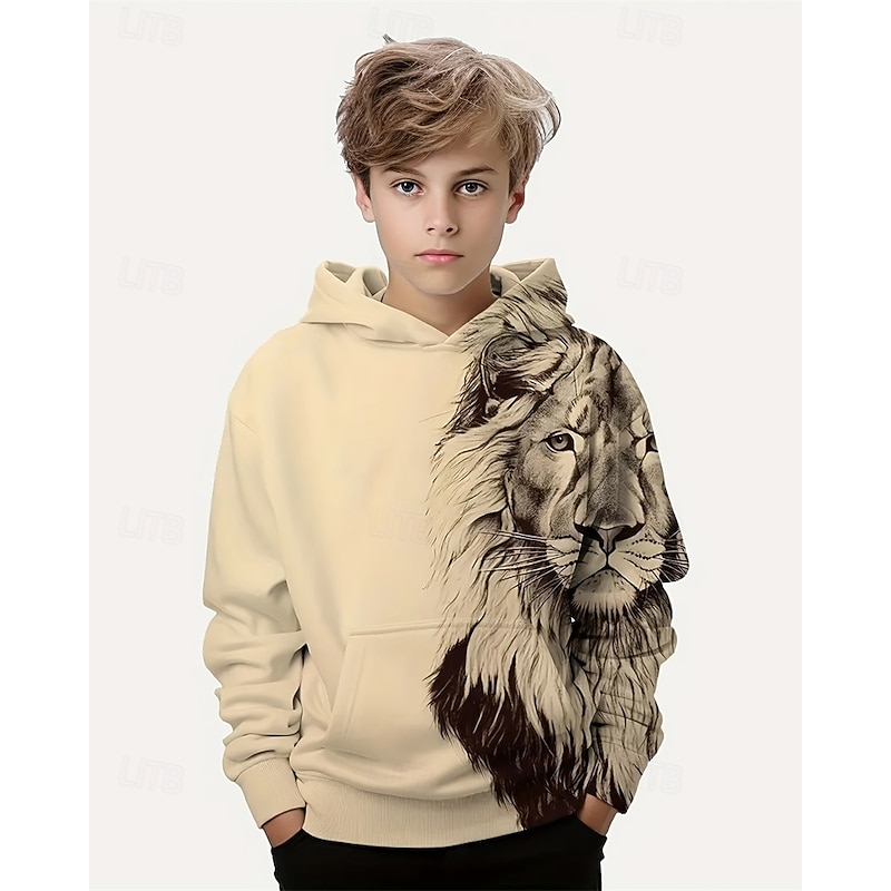 Boys 3D Graphic Lion Hoodie Long Sleeve Spring Fall Fashion Streetwear Kids 4-12 Years Hooded Outdoor Casual Daily Regular Fit