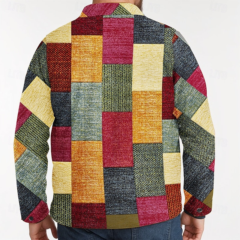 Men's Color Block Geometric Pattern Cowboy Shirt Jacket Overshirt Long Sleeve Vintage Casual Daily Wear Going out Fall & Winter Collared Shirts Buttons 3D Print 2 Pockets Multi Color3