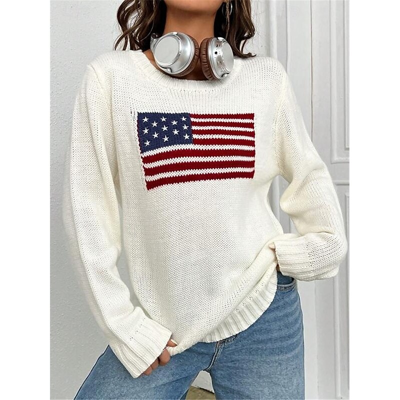 Women's Sweater Daily Stylish Casual Graphic Crew Neck Crewneck Long Sleeve Regular Tops Knit Going out Black White Fall Winter3