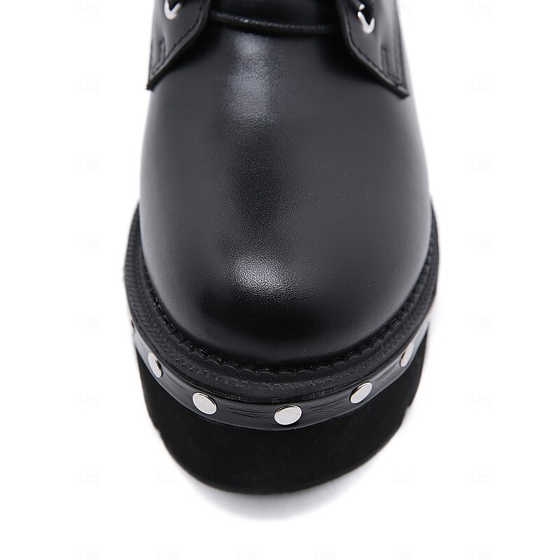Women's Black Platform Combat Boots with Studded Buckle Straps, Punk Gothic Motorcycle Boots for Cosplay and Streetwear 7