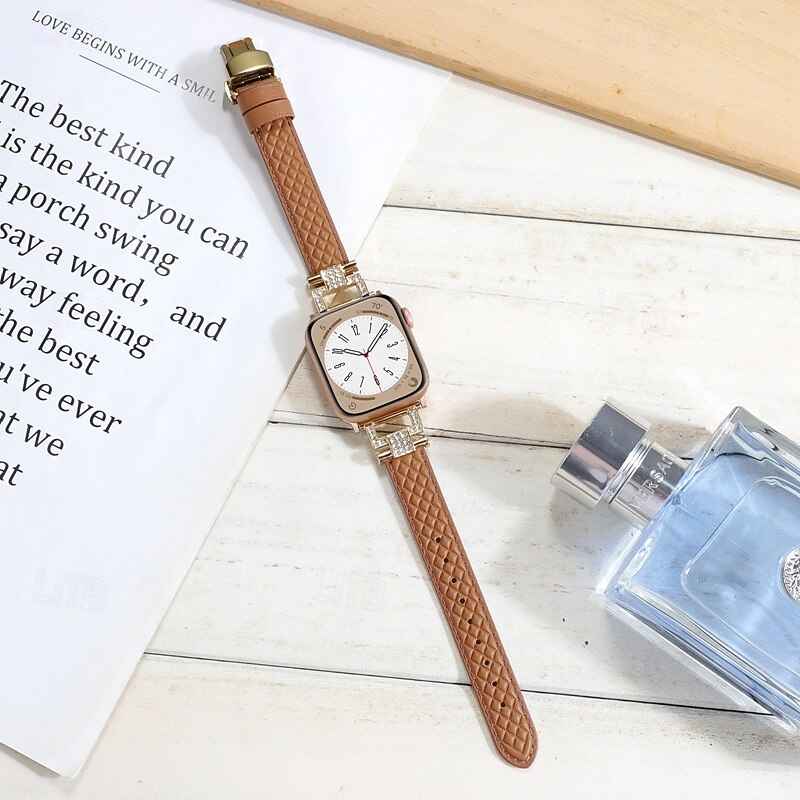 Leather Band Compatible with Apple Watch band 38mm 40mm 41mm 42mm 44mm 45mm 49mm Elastic Bling Diamond Butterfly Buckle Genuine Leather Rhinestone Strap Replacement Wristband for iwatch Ultra 22