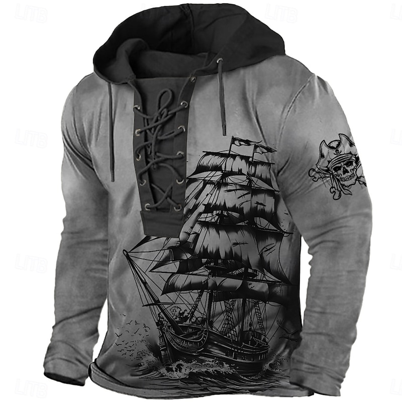 Men's Haunted Pirate Ship Pirate Hoodie Hoodies Sweatshirt Fashion Cool Long Sleeve Hooded Sports Outdoor Blue Brown Drawstring Fall Winter Designer3